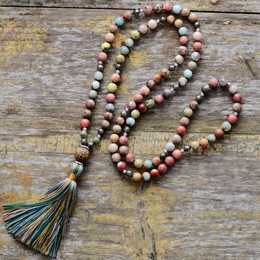 Natural Jasper Agate Pyrite Bead Necklace With Tassel